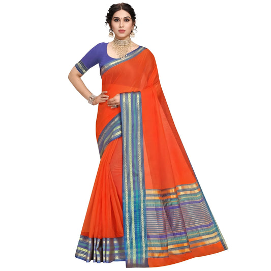 Women's Kota Doria Cotton Bordered Saree With Blouse (Fanta, 5-6 Mtrs)