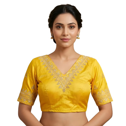 Saffron Women's Satin Embroidered Half sleeve V-Neck Padded Readymade Blouse
