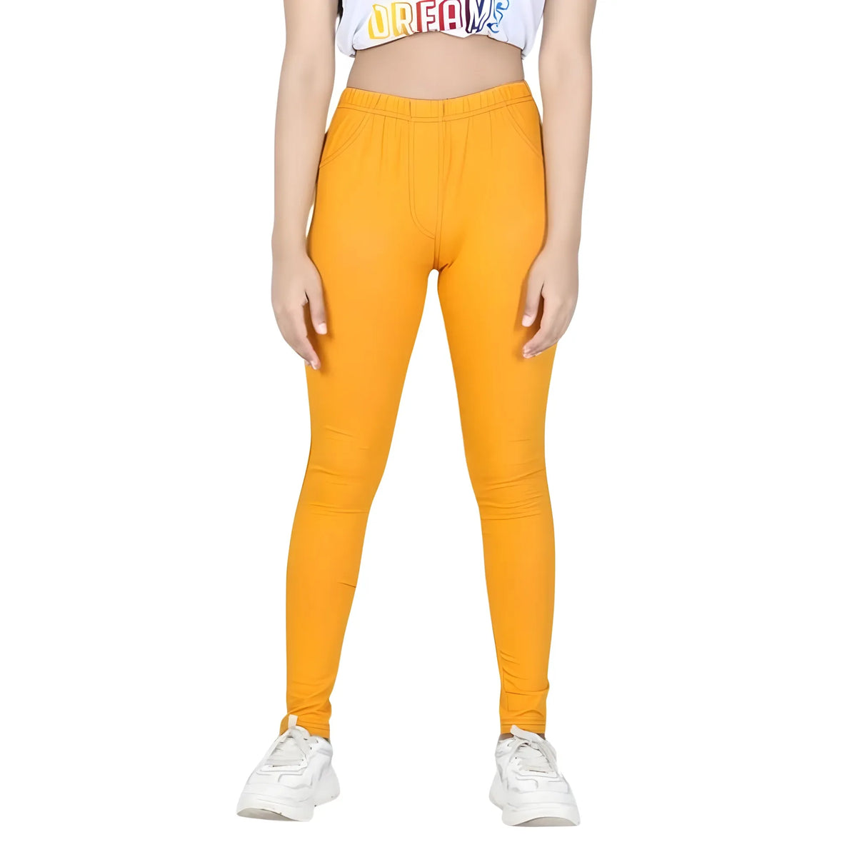 Girl's Cotton Lycra Solid Elasticated Jeggings (Mustard)