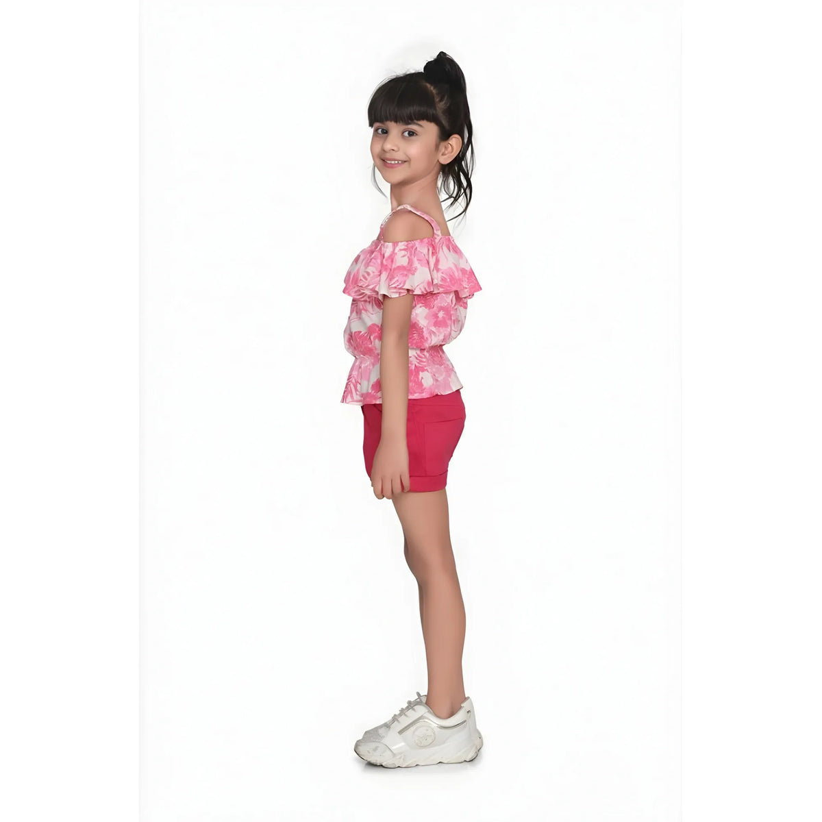 Girl's Cotton Floral Cold Shoulder Top And Shorts Set (pink Red) | Kids Signature Collection