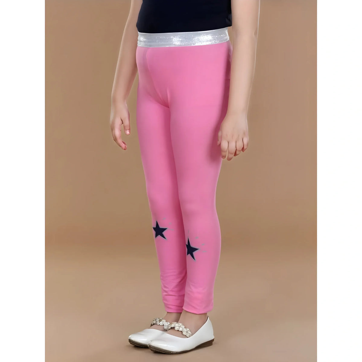Girl's Cotton Lycra Star Print Elasticated Leggings (Pink)