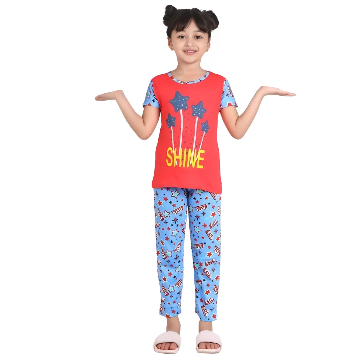 Girl's Cotton Hosiery Printed Night Suit Set (red Blue) | Kids Signature Collection