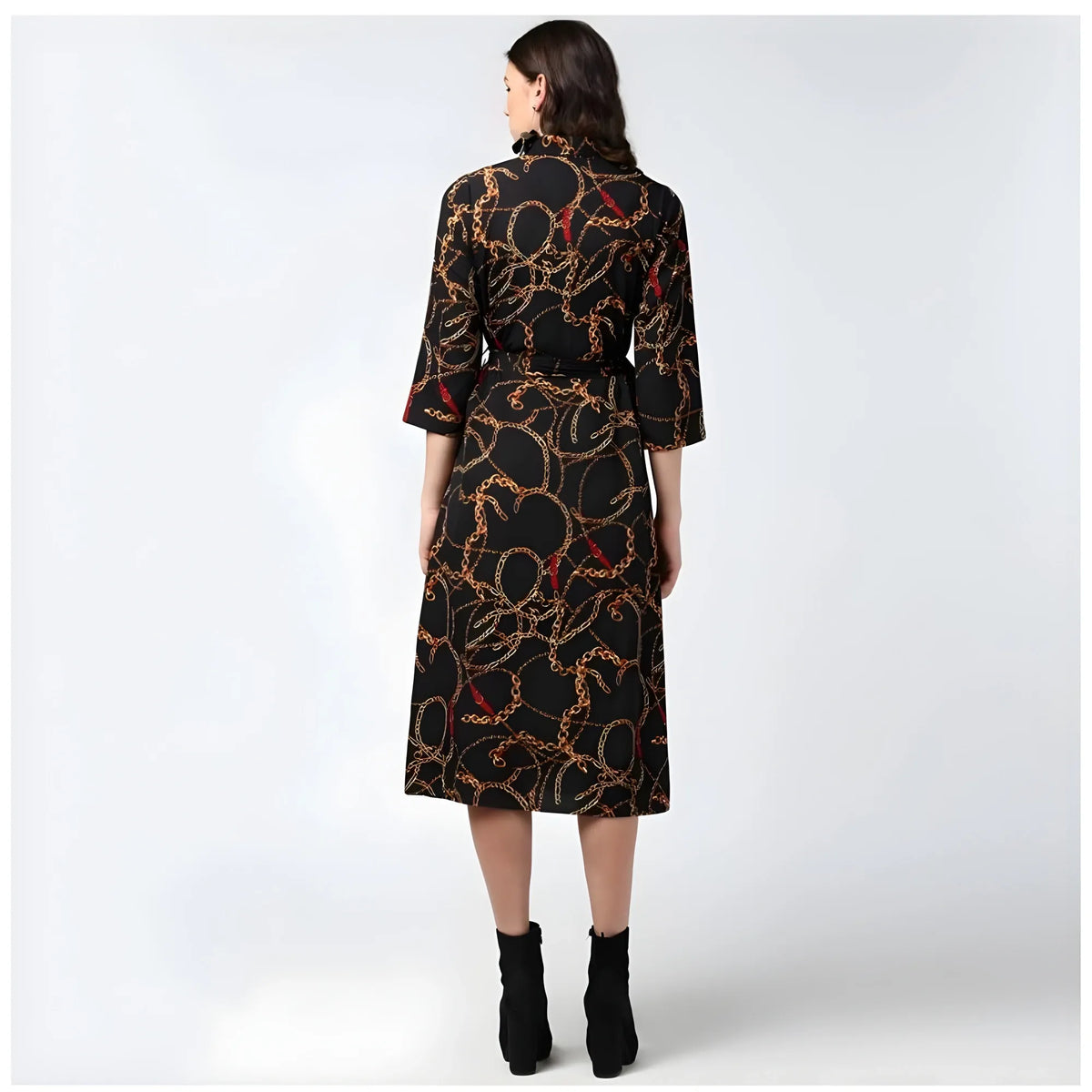 Women's Polyester Chain Print Roll Up Sleeve Below Knee Dress (black Yellow) | Women Signature Collection