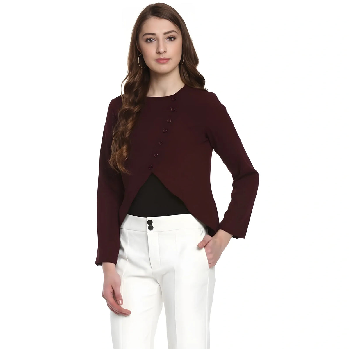 Women's Polyester Diagonal Cut Long Sleeves Blazer (maroon) | Women Signature Collection