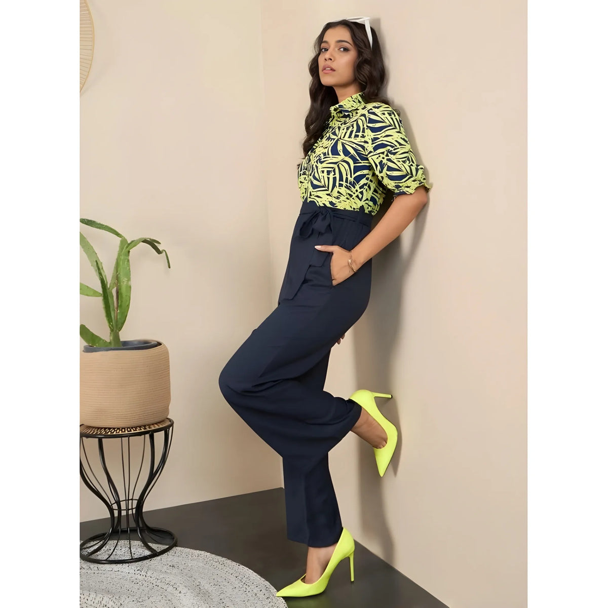 Women's Polyester Floral Half Sleeves Jumpsuit (navy Yellow) | Women Signature Collection