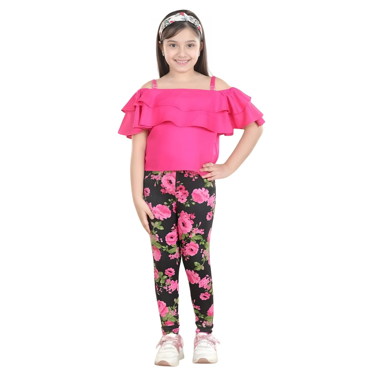 Girl's Cotton Floral Elasticated Jegging And Top Set (black Pink) | Kids Signature Collection