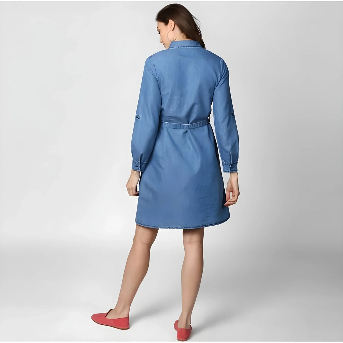 Women's Denim Solid Roll Up Sleeve Dress (blue) | Women Signature Collection