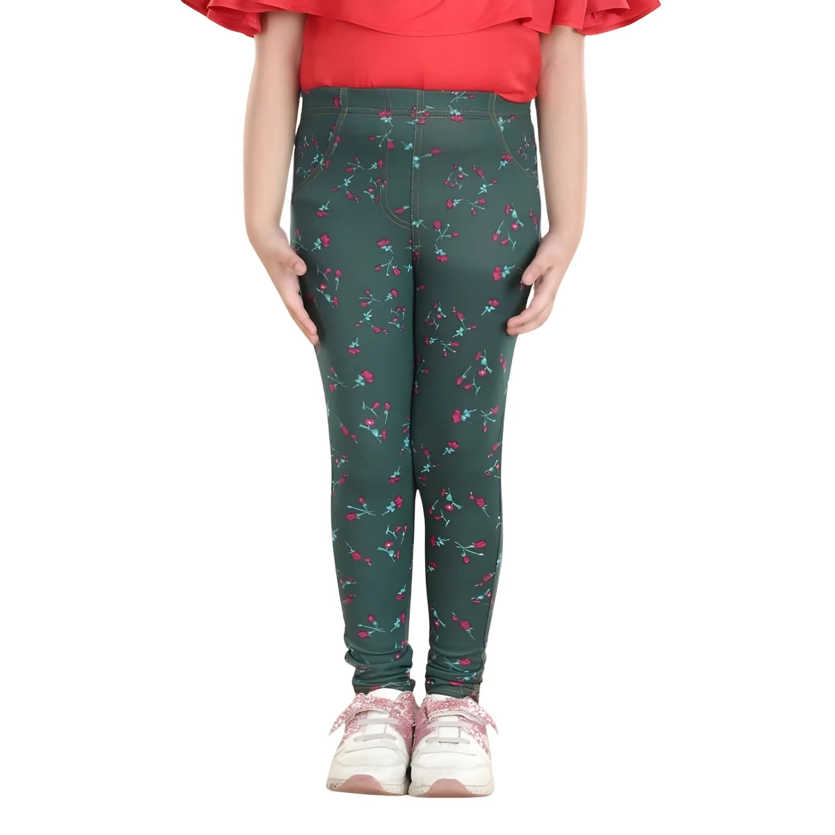 Girl's Cotton Lycra Floral Elasticated Jeggings (Bottle Green)