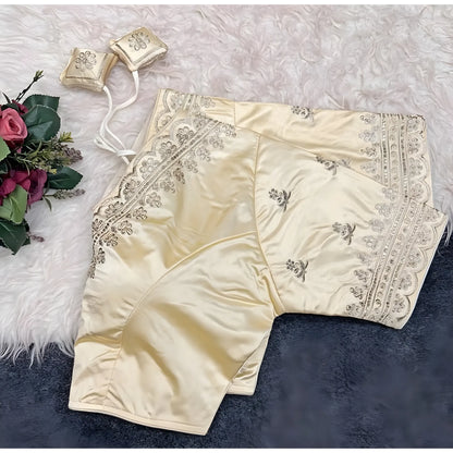 Ivory Women's Satin Embroidered Half sleeve V-Neck Padded Readymade Blouse
