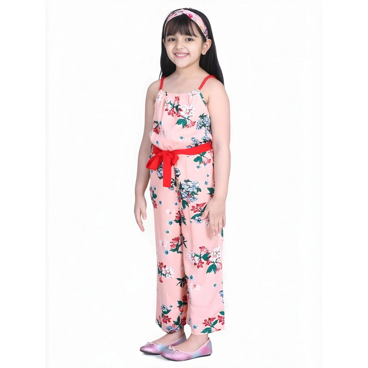 Girl's Polyester Crepe Floral Shoulder Straps Jumpsuit (peach Red) | Kids Signature Collection