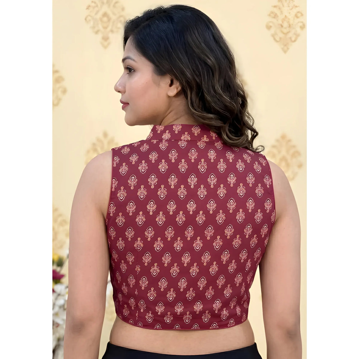Garnet Women's Ajrakh Cotton Ajarkh Sleeveless Collar Neck Padded Readymade Blouse
