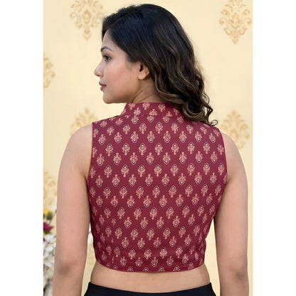 Garnet Women's Ajrakh Cotton Ajarkh Sleeveless Collar Neck Padded Readymade Blouse