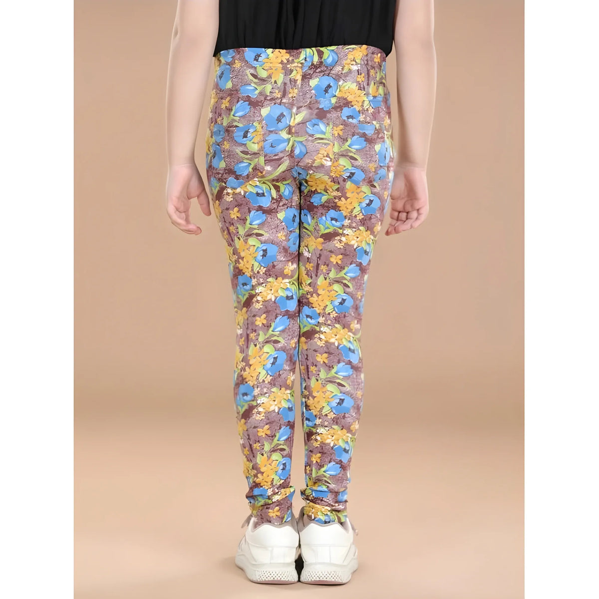 Girl's Cotton Lycra Floral Elasticated Jeggings (Multicolor)