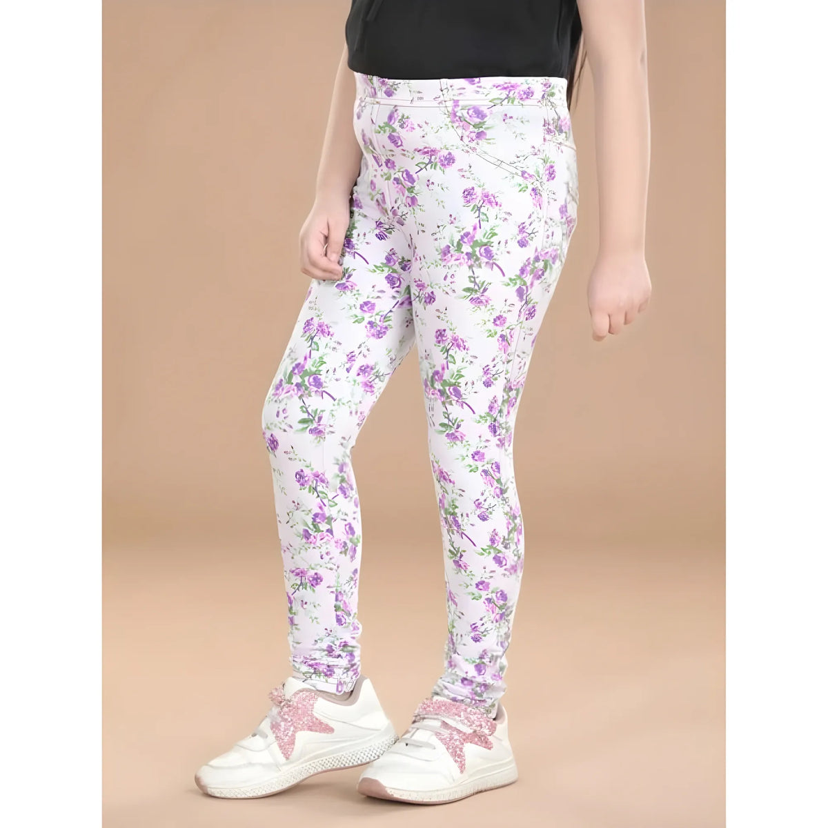 Girl's Cotton Lycra Floral Elasticated Jeggings (Lavender)