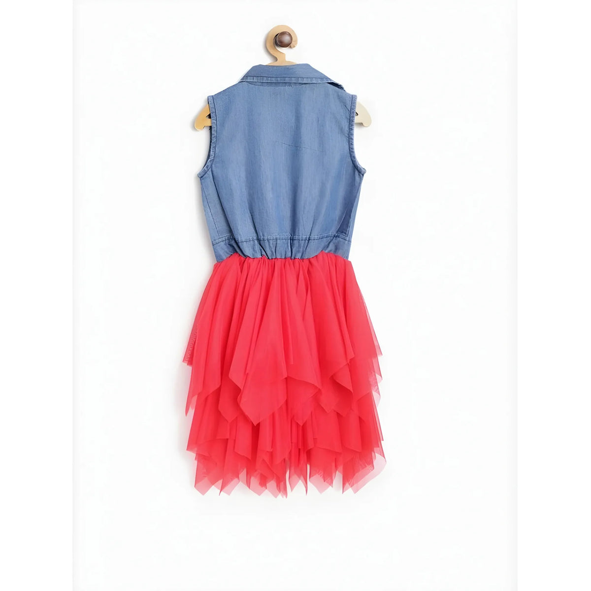 Girl's Denim Roll Up Buttoned Dress (blue Red) | Kids Signature Collection