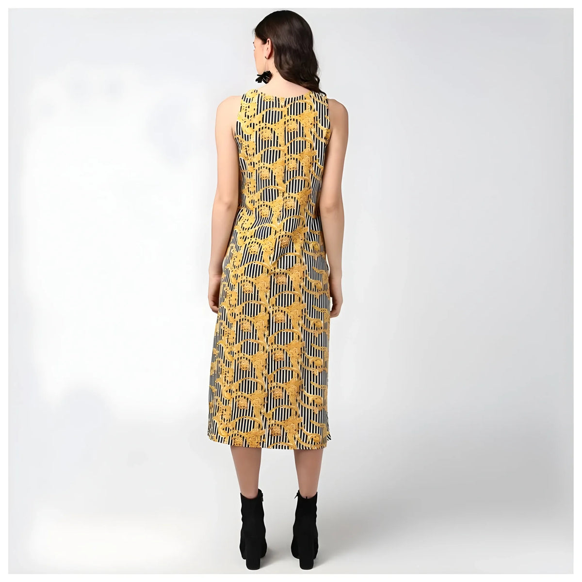 Women's Polyester Chain Print Sleeveless Below Knee Dress (yellow Black) | Women Signature Collection