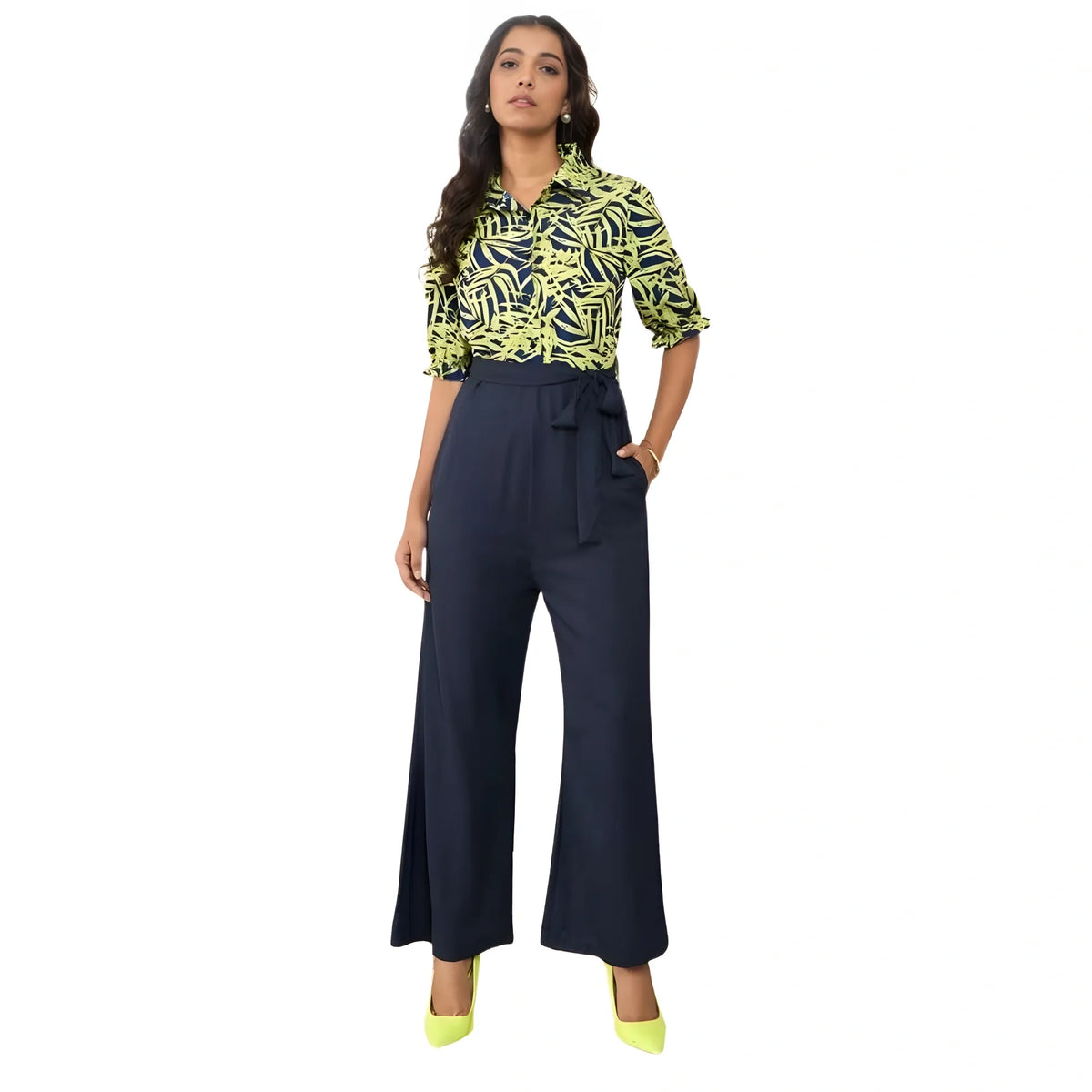 Women's Polyester Floral Half Sleeves Jumpsuit (navy Yellow) | Women Signature Collection
