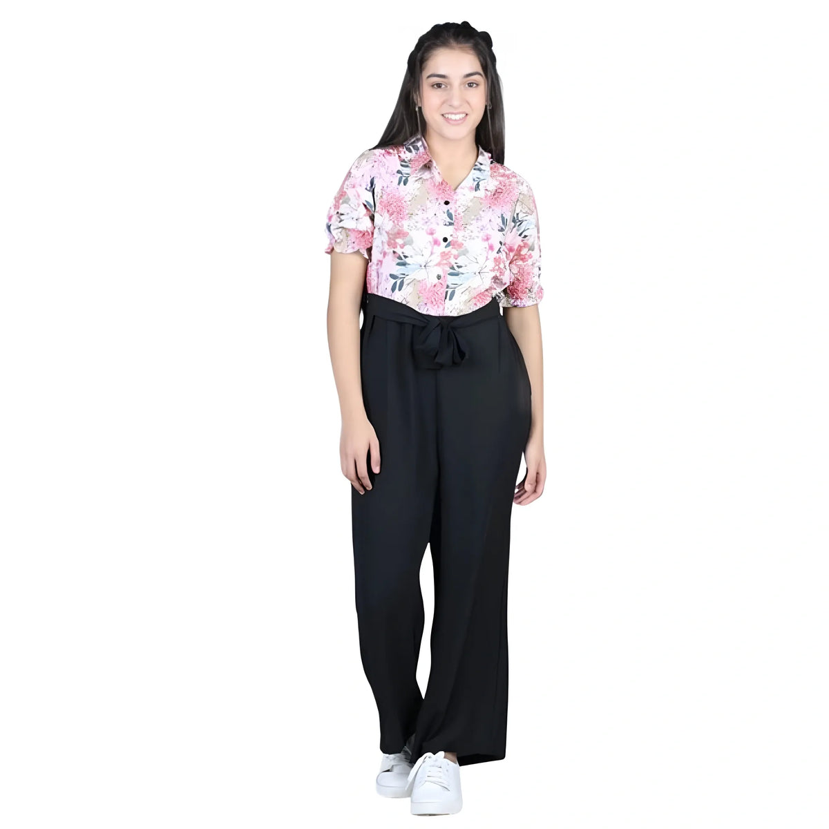 Girl's Polyester Floral Short Sleeves Jumpsuit (white Black) | Kids Signature Collection