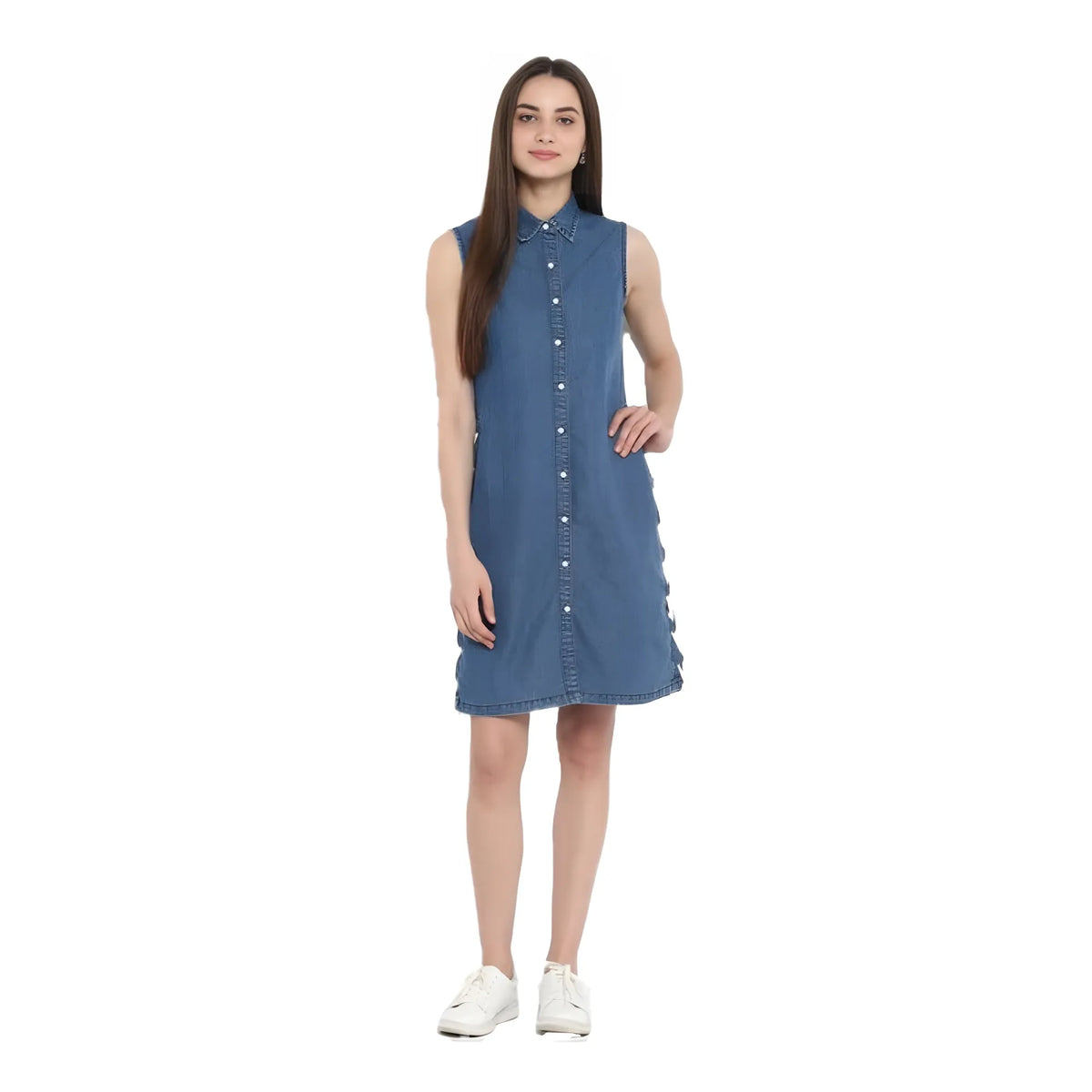 Women's Denim Solid Sleeveless Above Knee Dress (blue) | Women Signature Collection