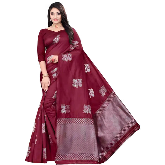 Women's Soft Lichi Silk Printed Saree With Unstitched Blouse 5.5Mtr (Maroon)