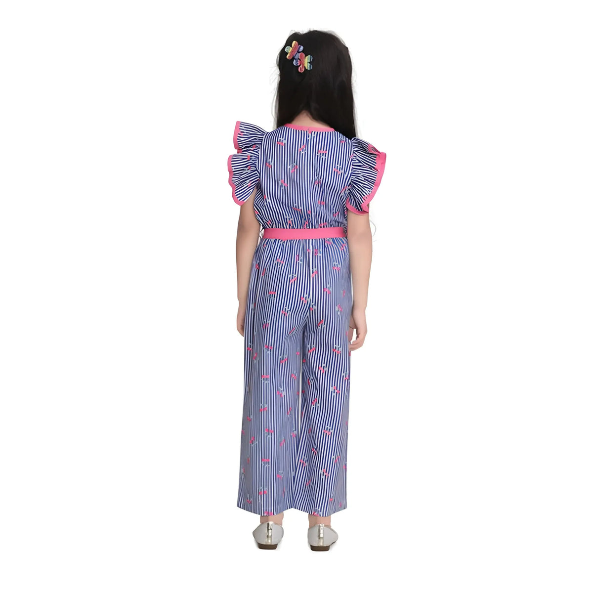 Girl's Cotton Striped Flutter Jumpsuit (blue Pink) | Kids Signature Collection