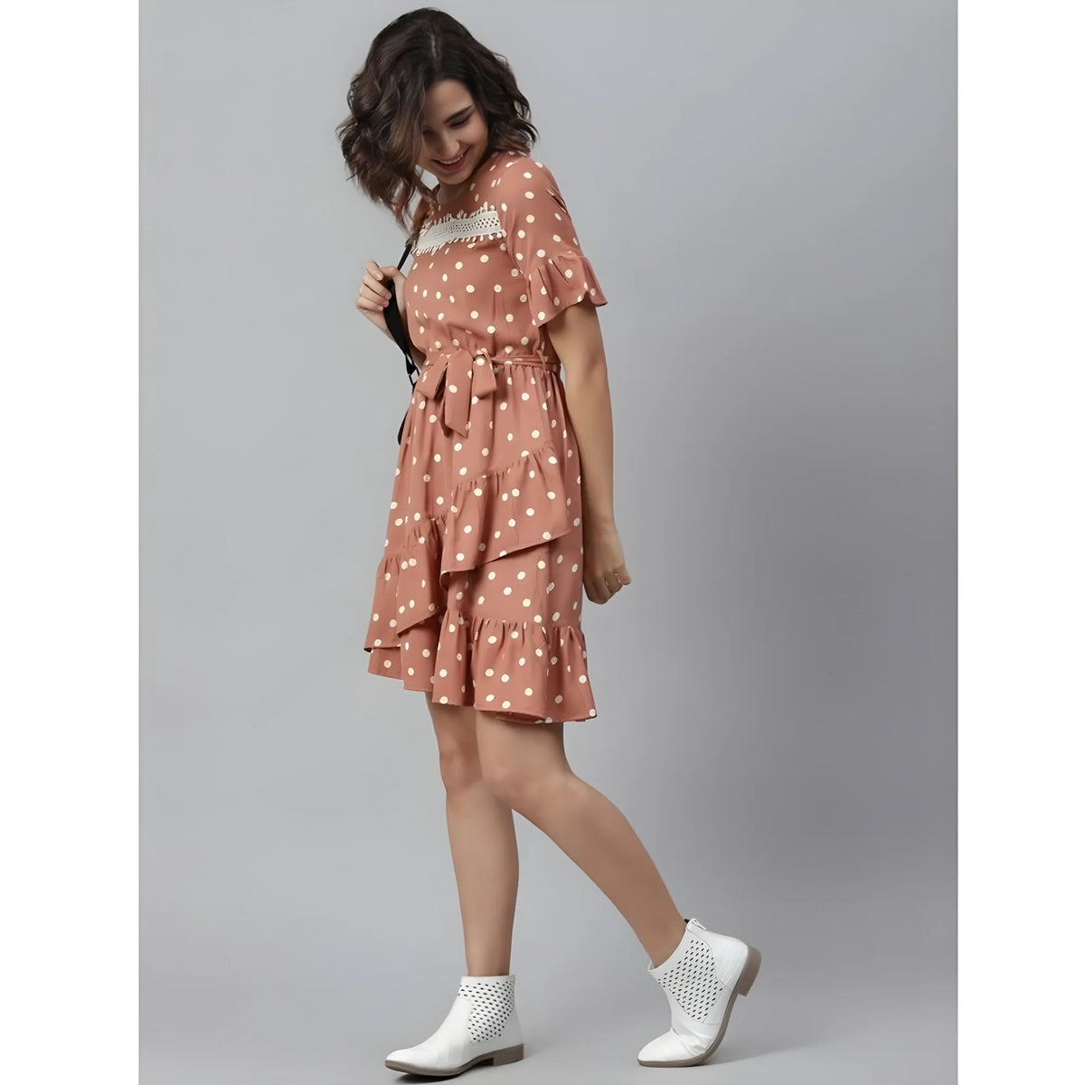 Women's Polyester Polka Bell Sleeve Above Knee Dress (brown) | Women Signature Collection