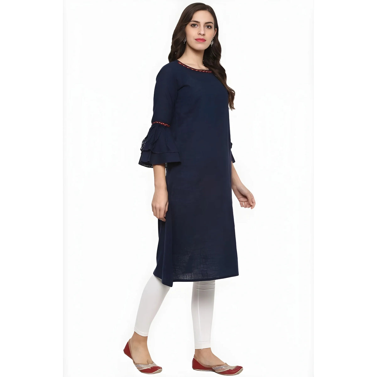 Women's Casual Bell Sleeves Solid Cotton Slub Kurti (blue) | Women Signature Collection