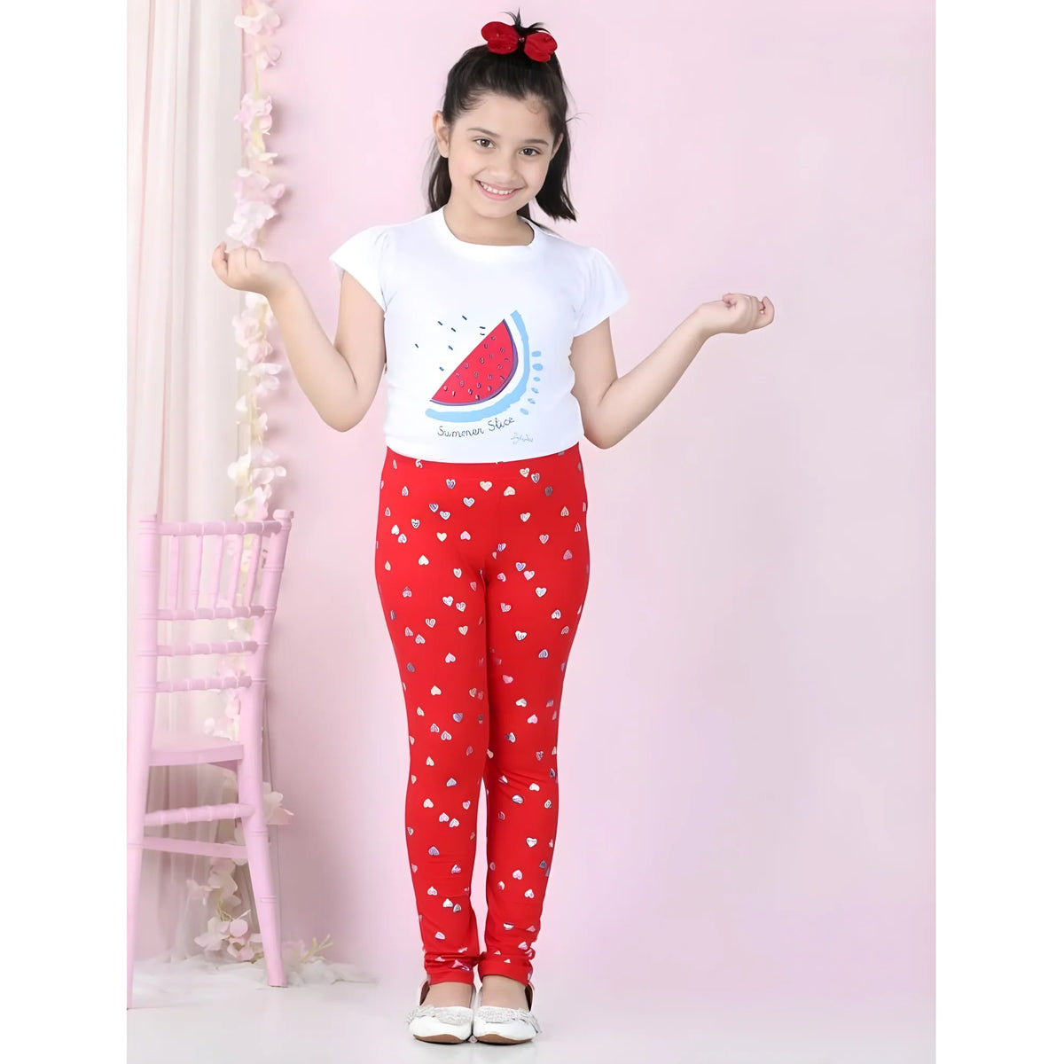 Girl's Cotton Lycra Embellished Elasticated Leggings (Red)