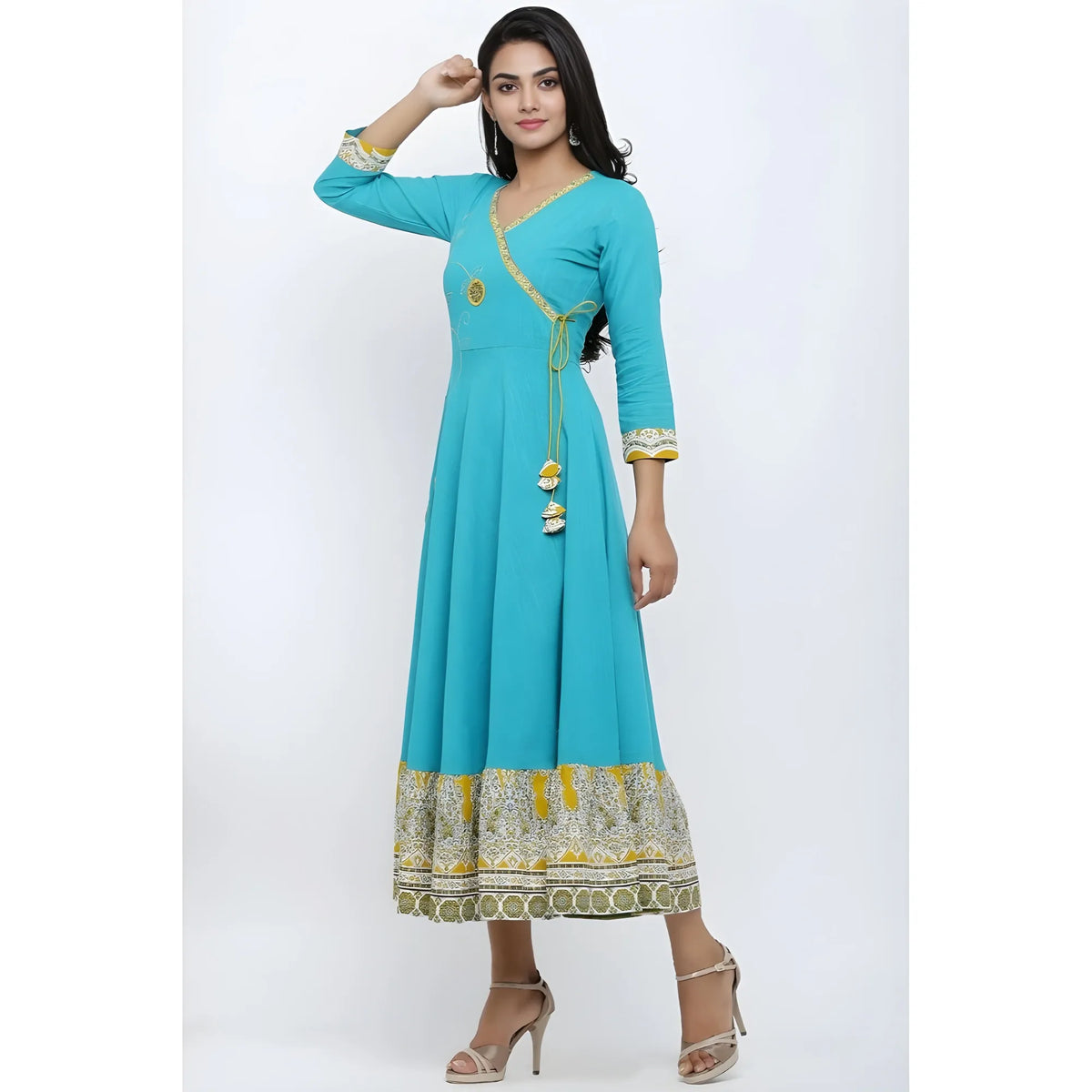 Women's Casual 3/4 Th Sleeve Embroidery Cotton Blend Kurti (torque Green) | Women Signature Collection