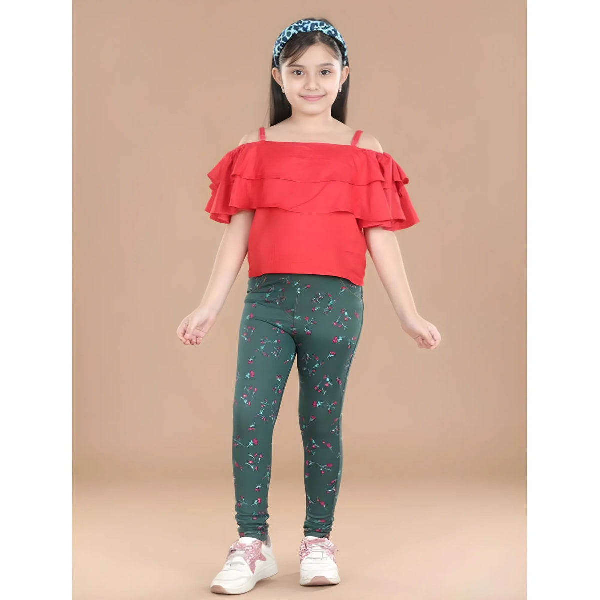 Girl's Cotton Lycra Floral Elasticated Jeggings (Bottle Green)