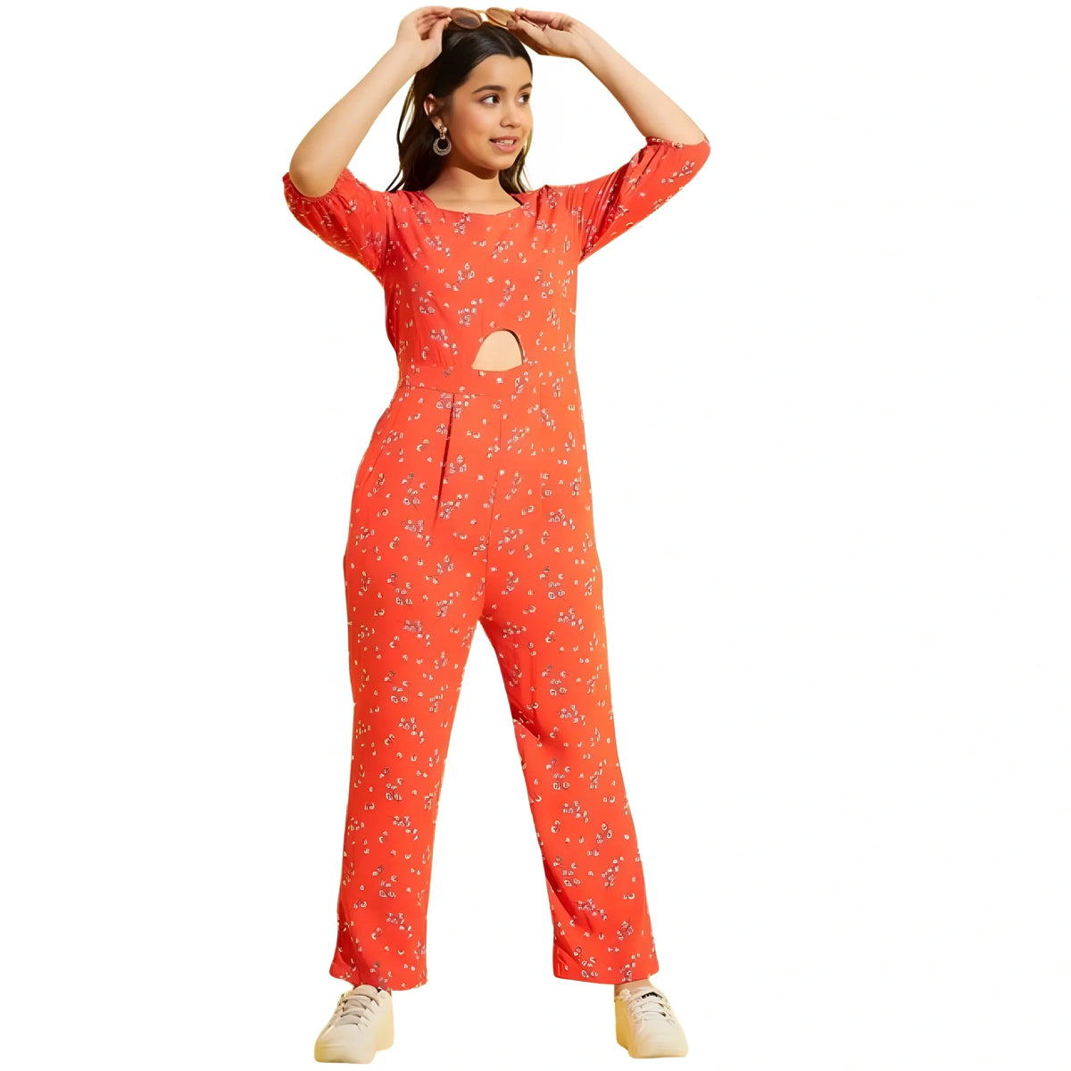 Girl's Polyester Floral 3/4th Sleeve Jumpsuit (coral) | Kids Signature Collection