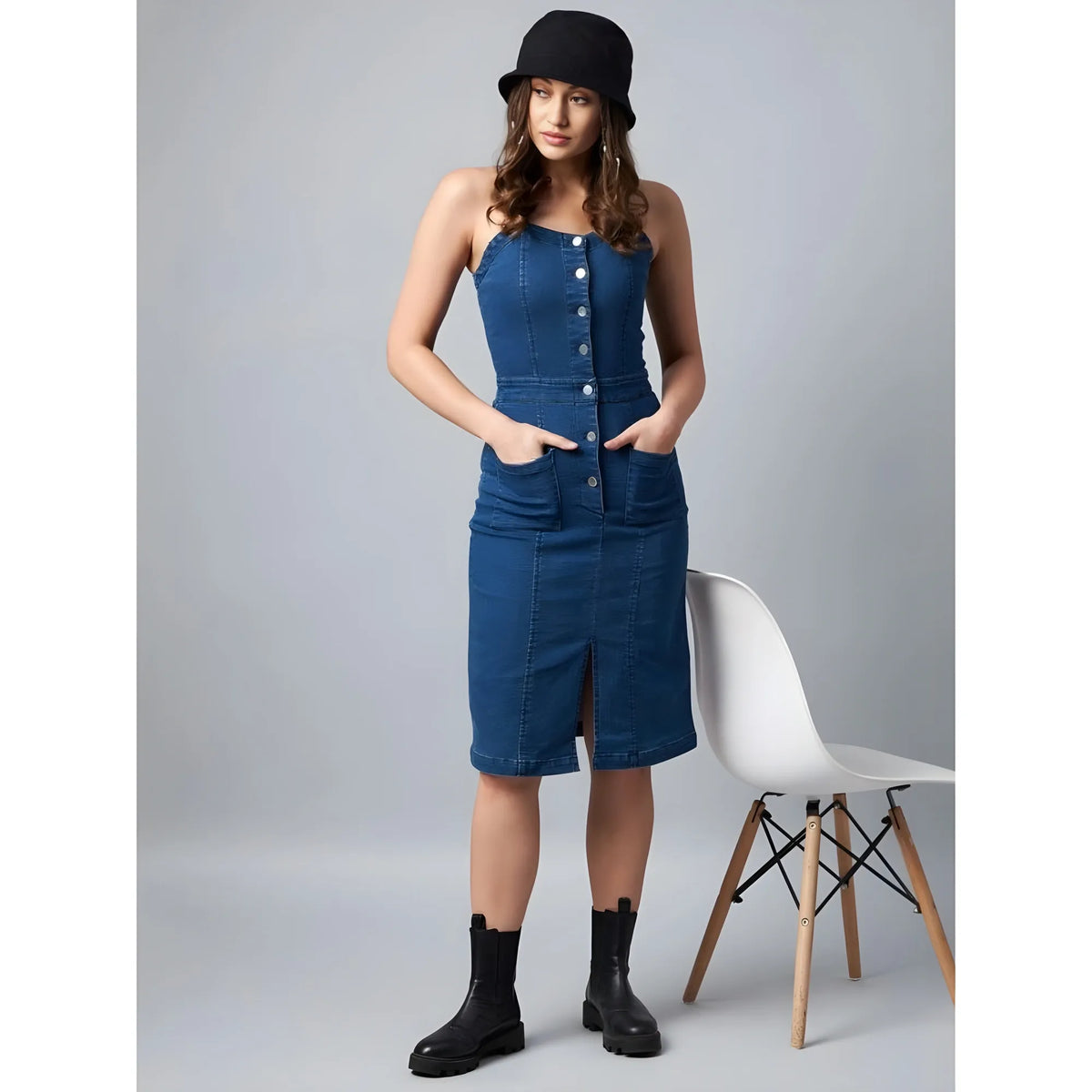 Women's Denim Lycra Solid Square Neck Shoulder Straps Dress (blue) | Women Signature Collection