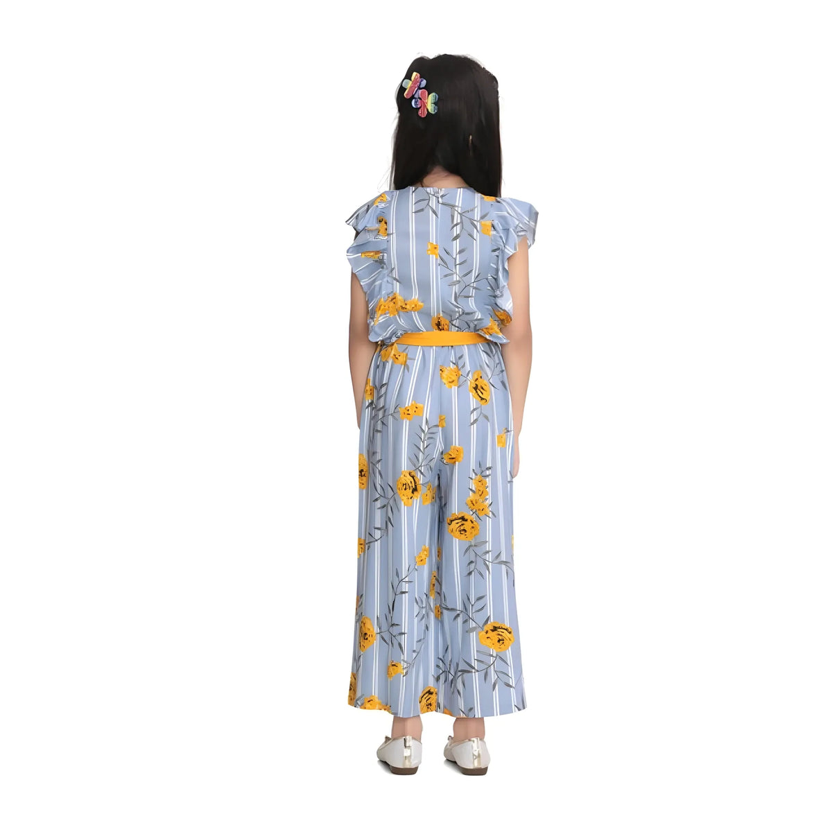 Girl's Rayon Floral Flutter Jumpsuit (blue Yellow) | Kids Signature Collection