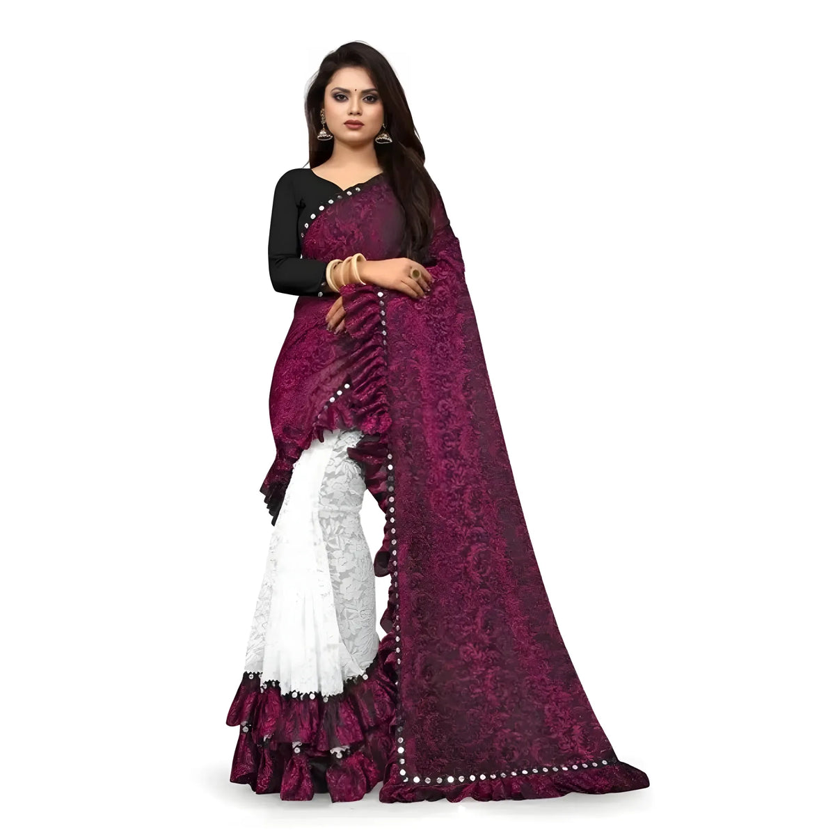 Women's Silk With Mirror Lace Solid Saree With Unstitched Blouse (pink, 5 5 Mtrs) | Women Signature Collection
