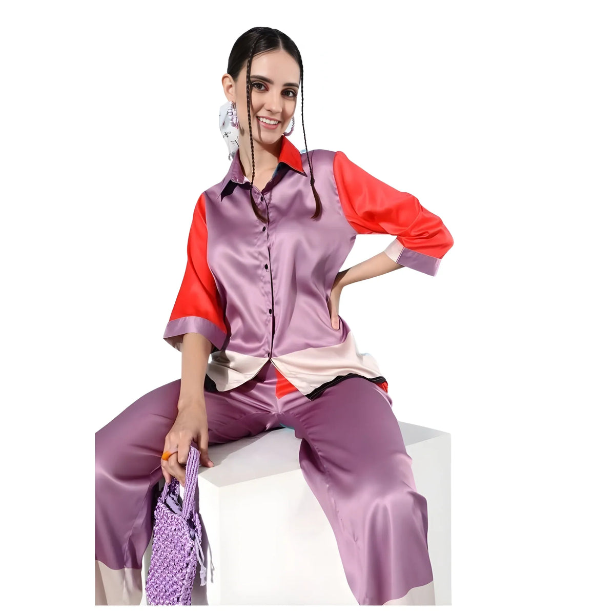 Women's Satin Colour Block Long Sleeves Co Ord Set (multicolor) | Women Signature Collection