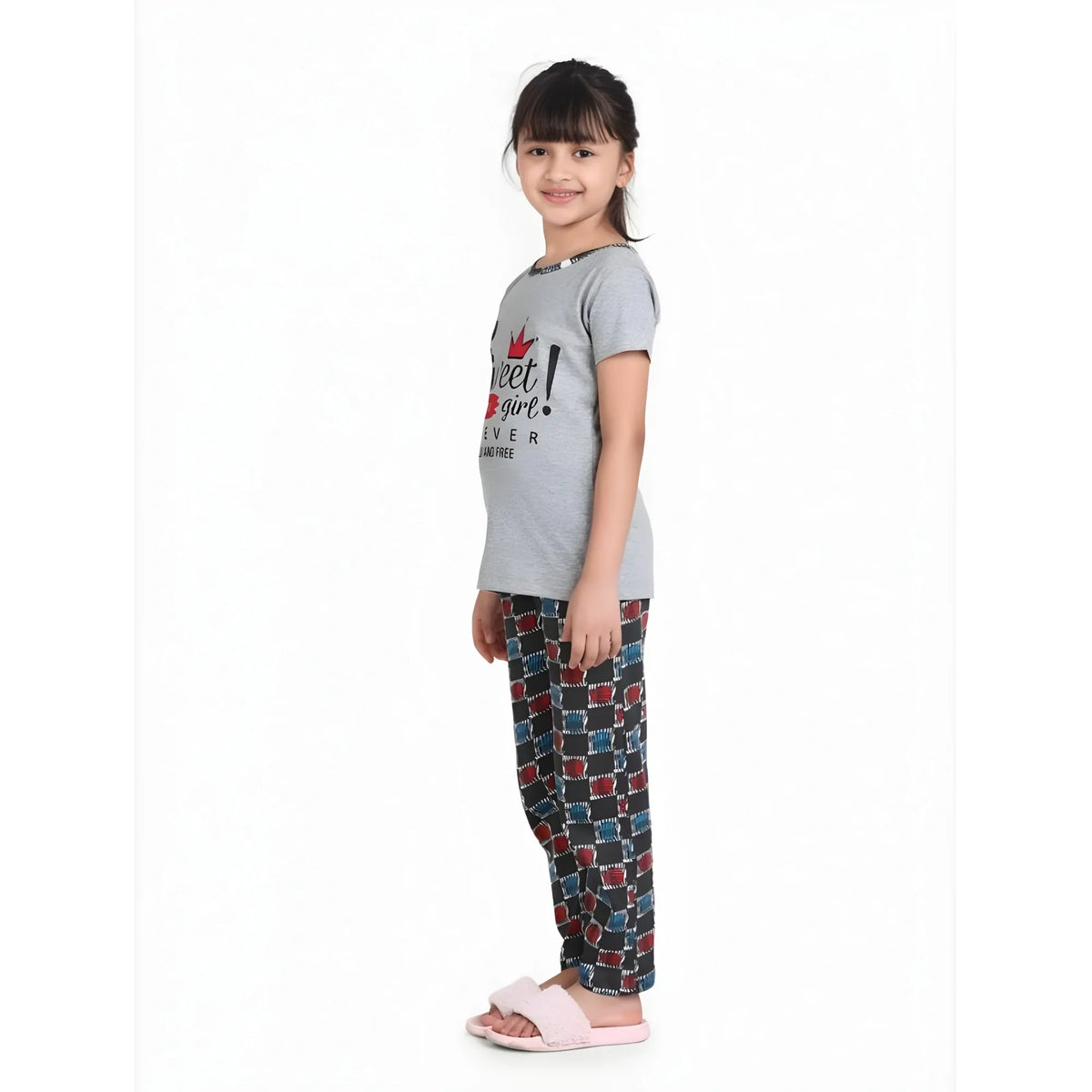 Girl's Cotton Hosiery Printed Night Suit Set (grey Red) | Kids Signature Collection