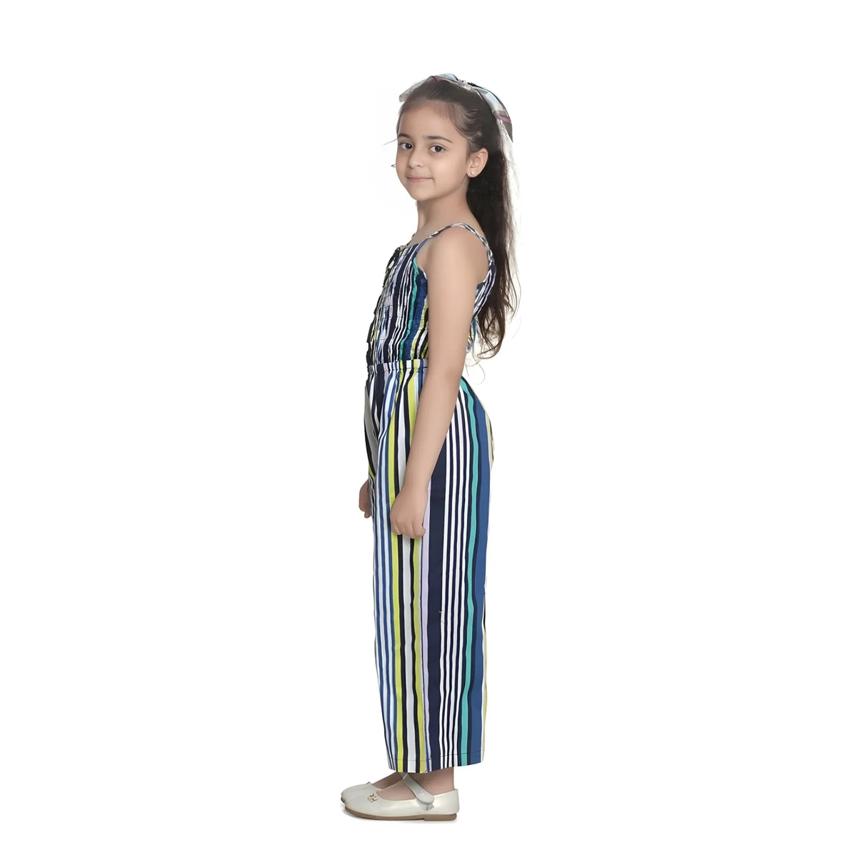 Girl's Rayon Striped Sleeveless Jumpsuit (blue) | Kids Signature Collection