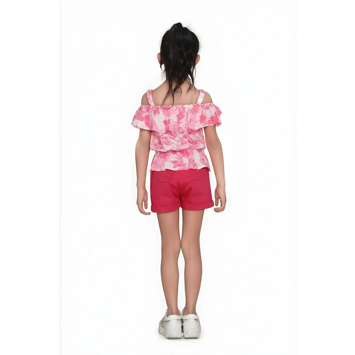 Girl's Cotton Floral Cold Shoulder Top And Shorts Set (pink Red) | Kids Signature Collection