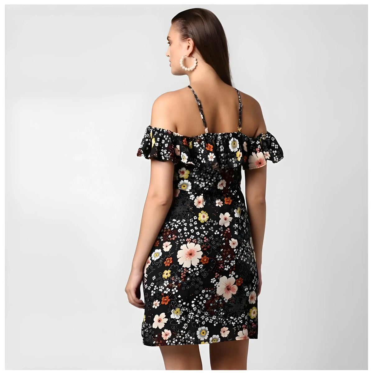 Women's Polyester Floral Cold Shoulder Above Knee Dress (black) | Women Signature Collection