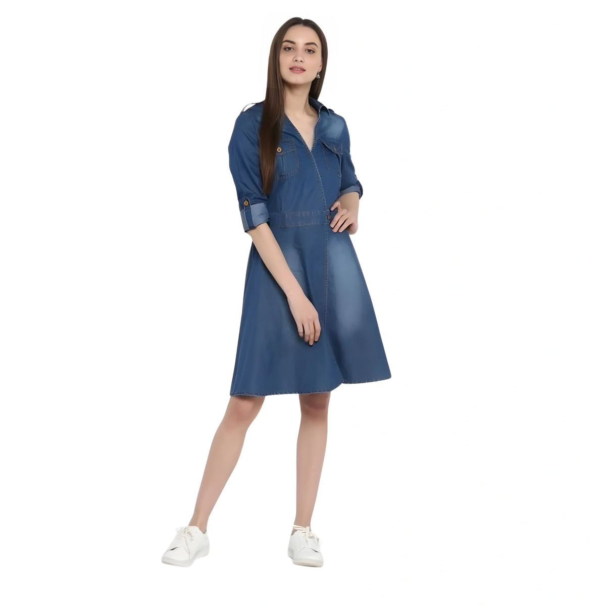 Women's Denim Solid Roll Up Sleeve Dress (blue) | Women Signature Collection