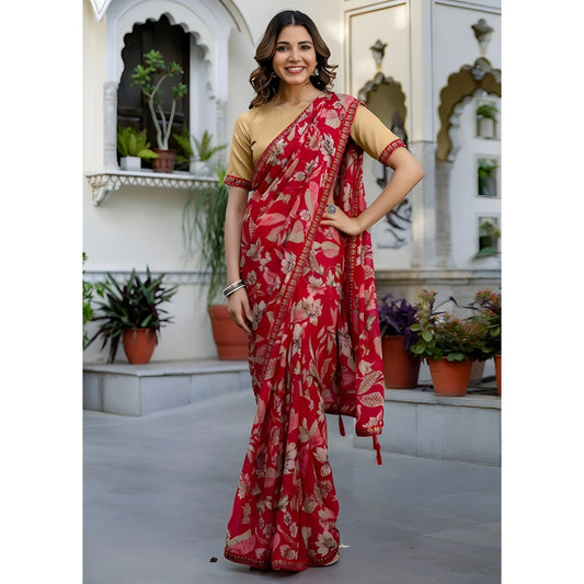 Women's Georgette Floral Printed Saree With Unstitched Blouse 5.5Mtr (Red)