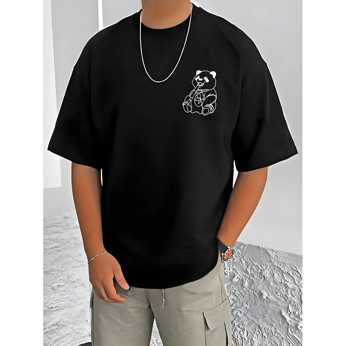 Men's Casual Cotton Blend Printed Round Neck Half Sleeve T-Shirt (Black)
