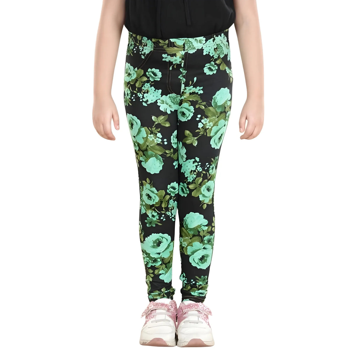 Girl's Cotton Lycra Floral Elasticated Jeggings (Black-Green)
