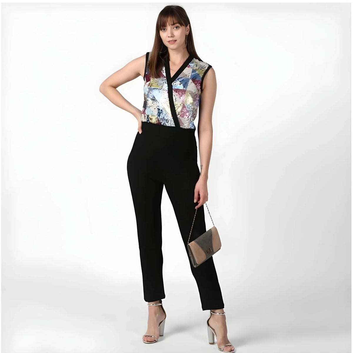 Women's Polyester Embellished Sleeveless Jumpsuit (black) | Women Signature Collection