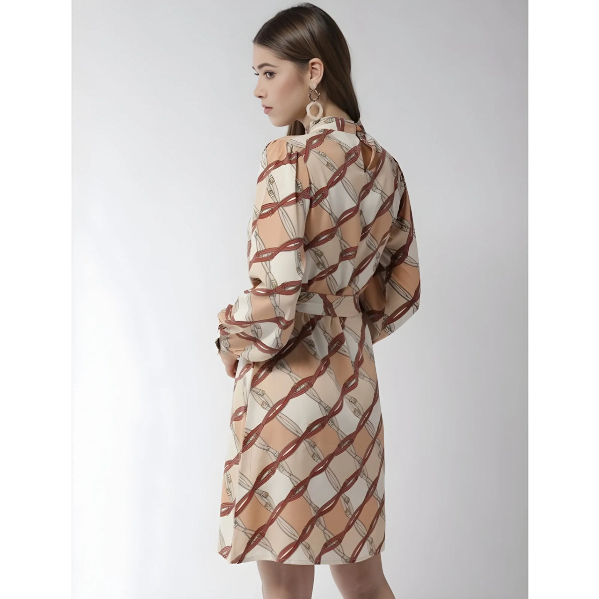 Women's Polyester Checkered Long Sleeves Above Knee Dress (off White Brown) | Women Signature Collection