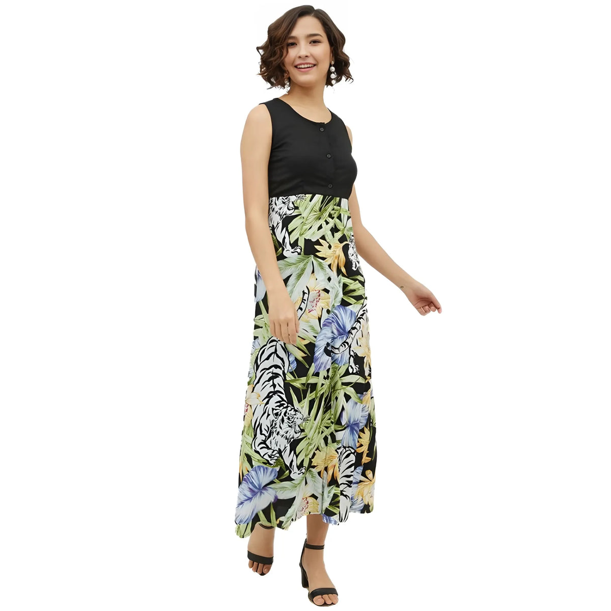 Women's Rayon Floral Sleeveless Calf Length Dress (multicolor) | Women Signature Collection
