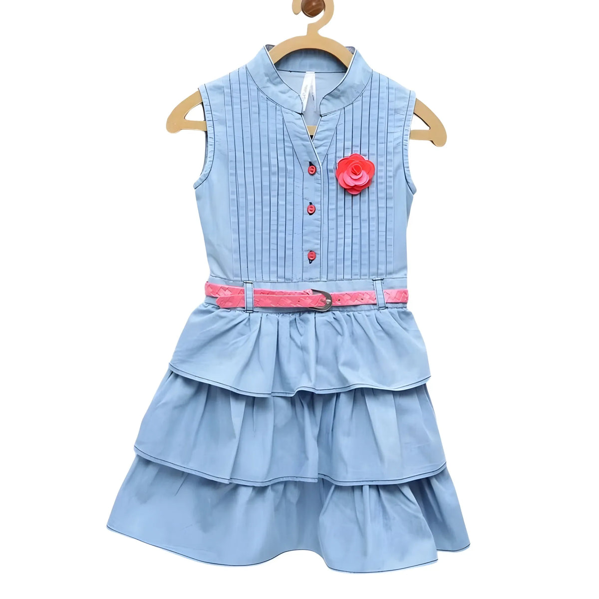 Girl's Denim Embellished Sleeveless Dress With Belt (light Blue) | Kids Signature Collection