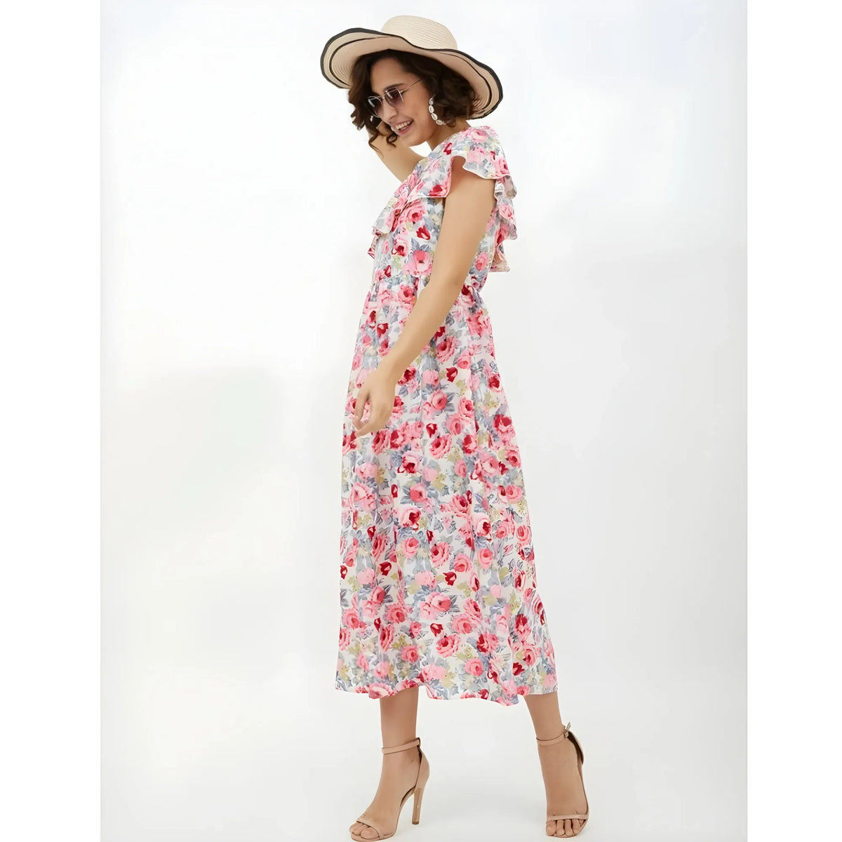 Women's Polyester Floral One Shoulder Calf Length Dress (multicolor) | Women Signature Collection