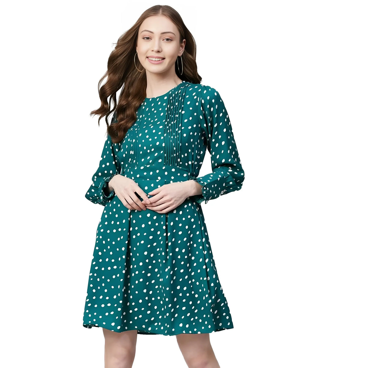 Women's Polyester Polka Long Sleeves Above Knee Dress (green White) | Women Signature Collection