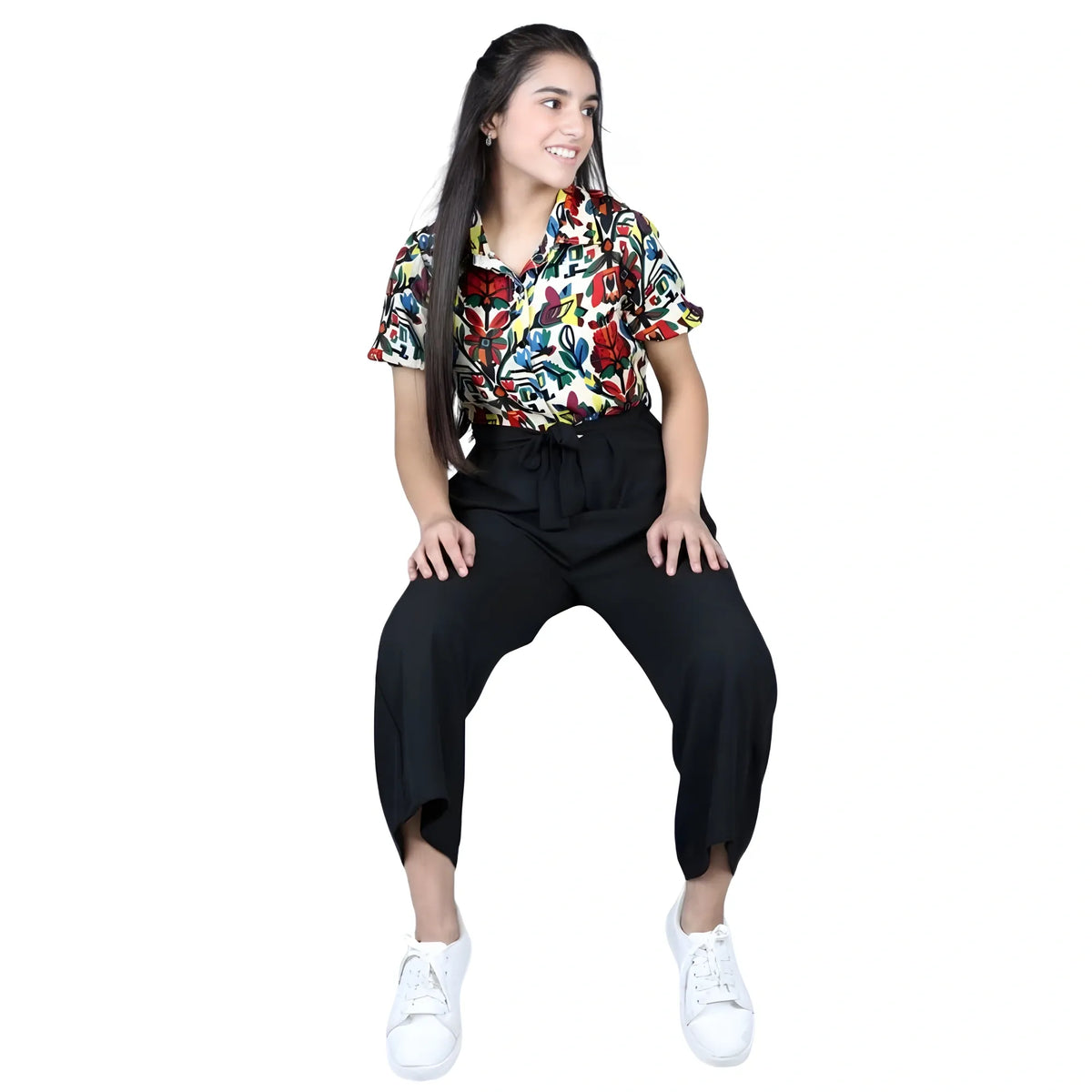 Girl's Polyester Printed Short Sleeves Jumpsuit (multicolor Black) | Kids Signature Collection